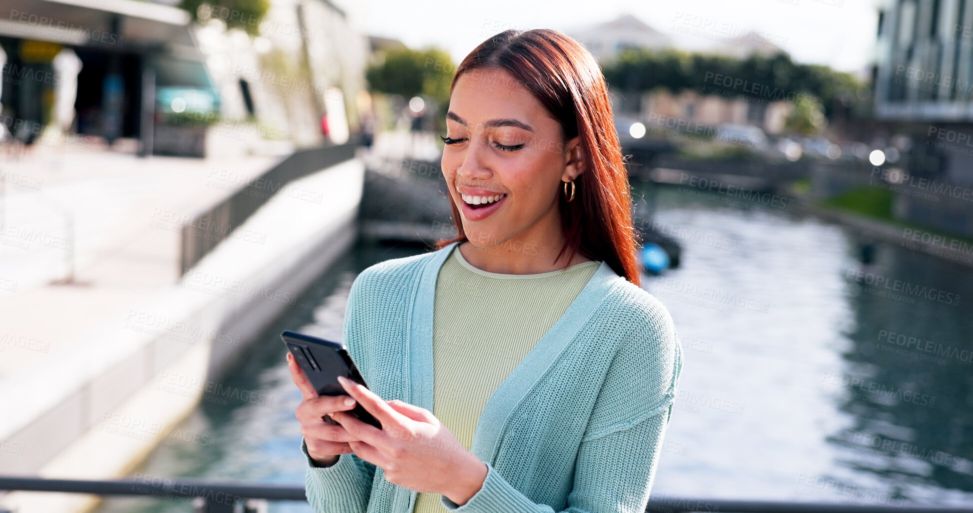 Buy stock photo Smile, phone and connection with woman in city for communication, social media post and networking app. Technology, internet and digital world with person and mobile for text message and contact