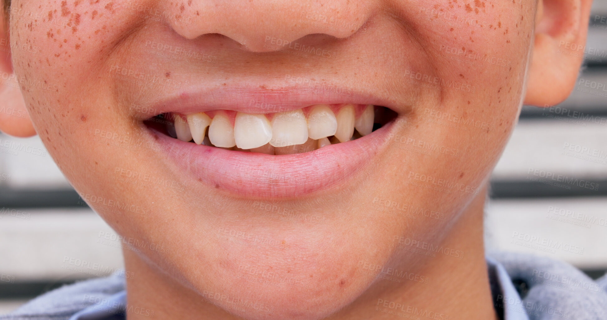 Buy stock photo Smile, dental and closeup of child in city for happiness, orthodontist and teeth cleaning. Pride, wellness and oral hygiene with zoom of mouth of person in outdoor for confidence, gum care and lips