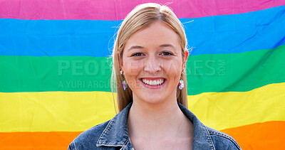 Buy stock photo Woman, portrait and happy at rainbow flag for pride, human rights and LGBT awareness in Canada. Girl, smile and face at colorful background for voice, freedom equality and symbol for queer community