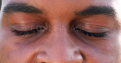 Buy stock photo Eyes closed, zoom and man in optometry, optic care and stress relief for vision, wellness and zen. Male person, face and ophthalmology for eyesight, health and peace in closeup for relax or awareness