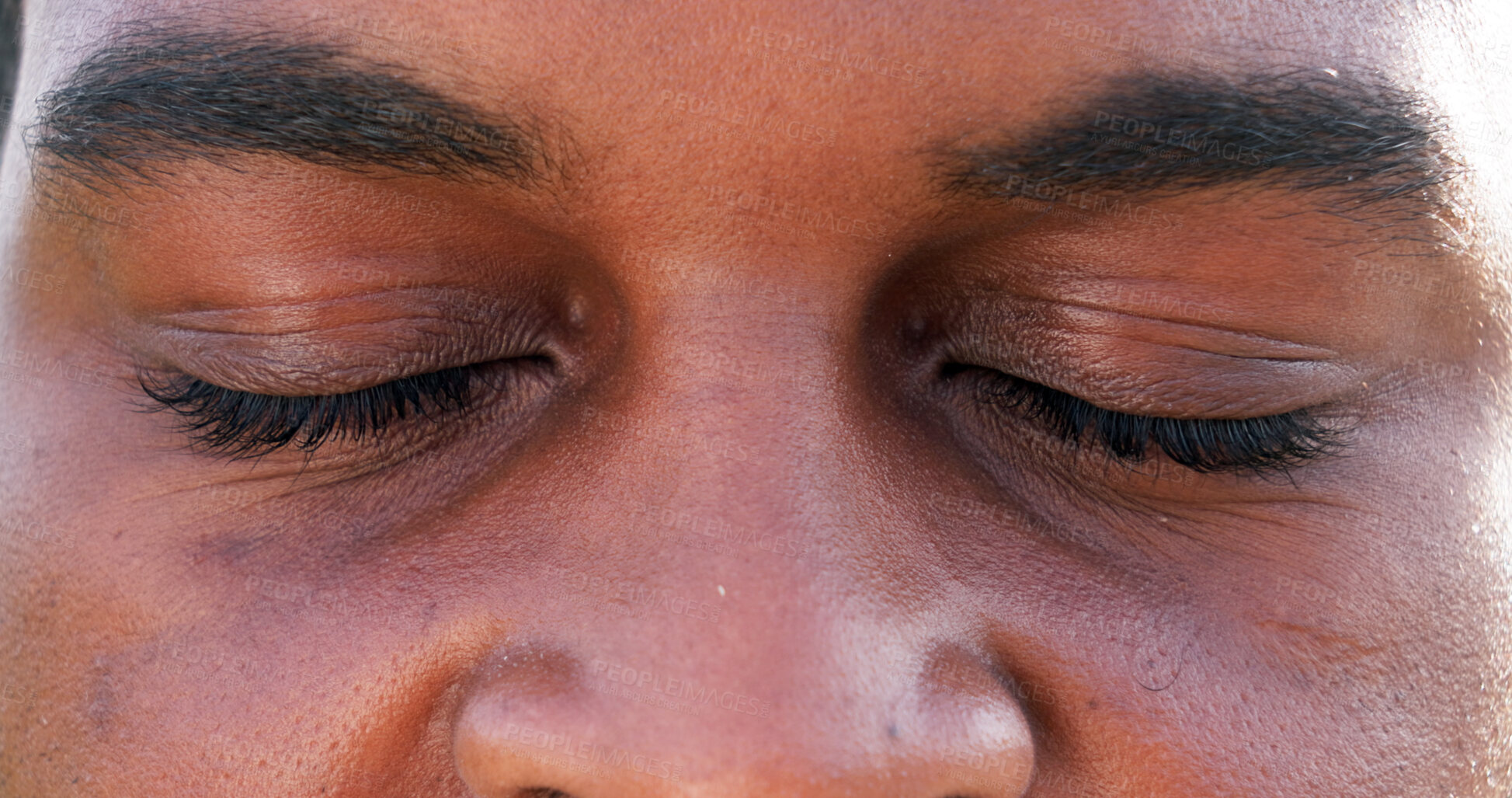 Buy stock photo Eyes closed, zoom and man in optometry, optic care and stress relief for vision, wellness and zen. Male person, face and ophthalmology for eyesight, health and peace in closeup for relax or awareness