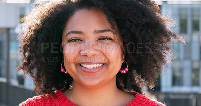 Buy stock photo Smile, travel and portrait of woman in city in Brazil for happiness, carefree and confidence. Pride, adventure and urban outdoors with face of female person for weekend, break and positive attitude