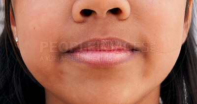 Buy stock photo Woman, closeup and lips with smile for confidence, pride and joy for cosmetic wellness. Girl, aesthetic and glamour with lipgloss or makeup for glow, oral care and skin treatment with mouth health