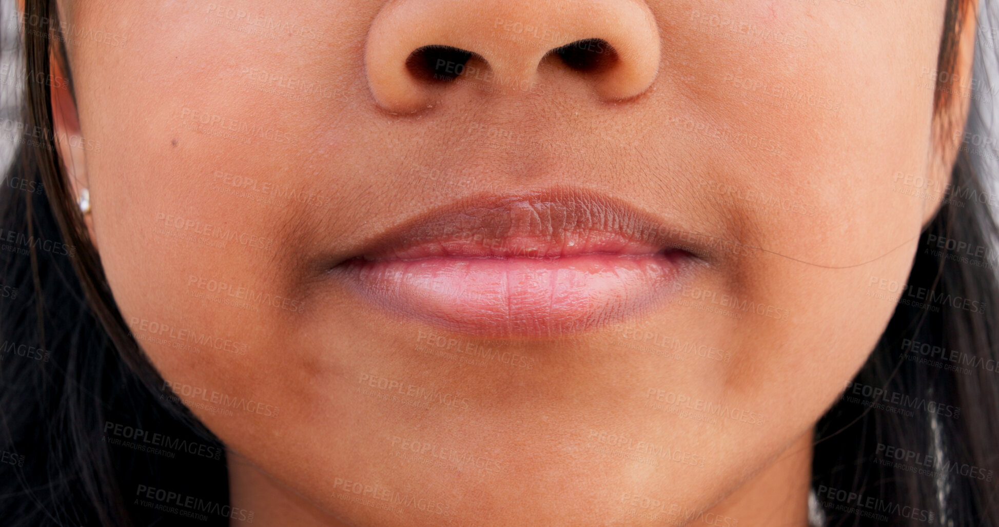 Buy stock photo Woman, closeup and lips with smile for confidence, pride and joy for cosmetic wellness. Girl, aesthetic and glamour with lipgloss or makeup for glow, oral care and skin treatment with mouth health