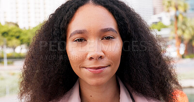 Buy stock photo Outdoor, business and woman with smile on portrait for commuting to workplace in Mexico. Female person, employee and proud or satisfied in city for career growth, job opportunity and new beginnings