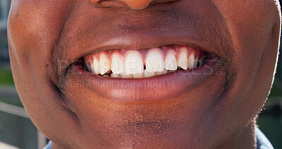 Buy stock photo Happy, smile and closeup of man in city with confidence, pride and joy outdoors for dental wellness. Facial expression, cheerful emoji and mouth of person for health, hygiene and oral care