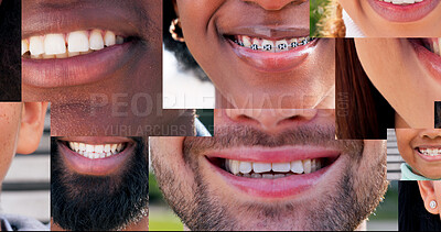 Buy stock photo Smile, diversity and collage of people in city for happiness, dental and teeth cleaning. Pride, wellness and oral hygiene with closeup of mouth with facial expression for confidence, gum care or lips