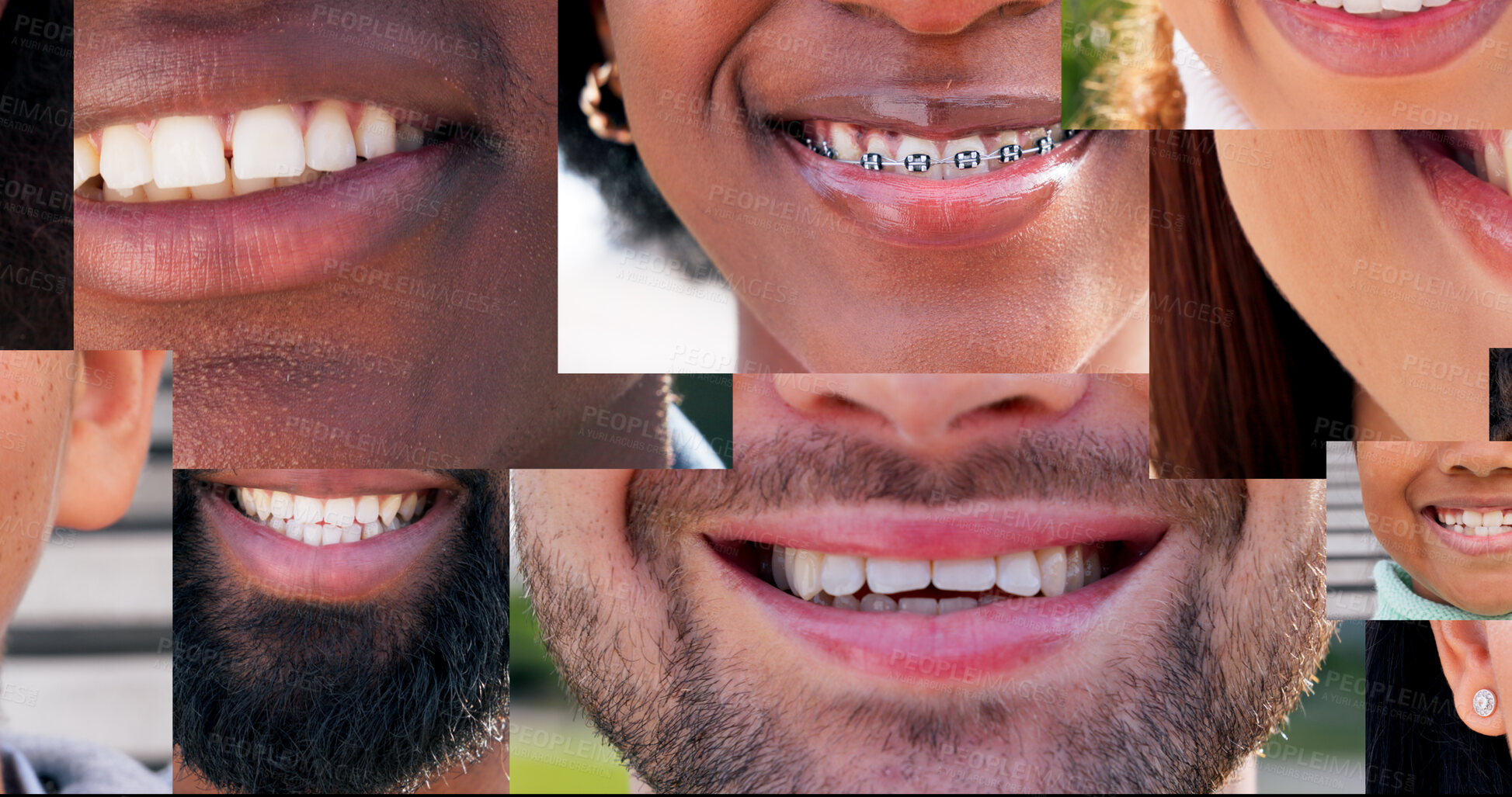 Buy stock photo Smile, diversity and collage of people in city for happiness, dental and teeth cleaning. Pride, wellness and oral hygiene with closeup of mouth with facial expression for confidence, gum care or lips