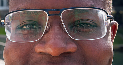 Buy stock photo Optometry, glasses and eyes of black man for vision, health and wellness with prescription. Spectacles, portrait and African male person with lens and frame for optical care or eyesight improvement.