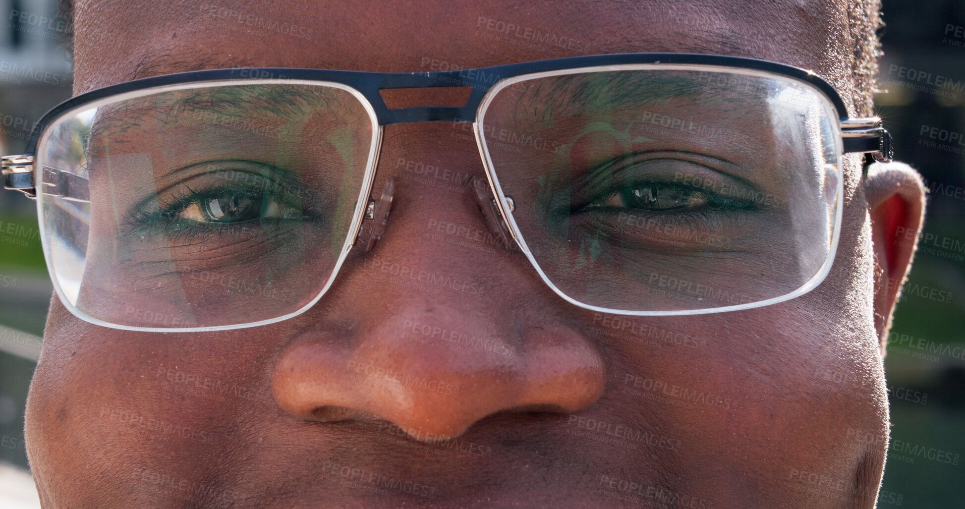 Buy stock photo Optometry, glasses and eyes of black man for vision, health and wellness with prescription. Spectacles, portrait and African male person with lens and frame for optical care or eyesight improvement.