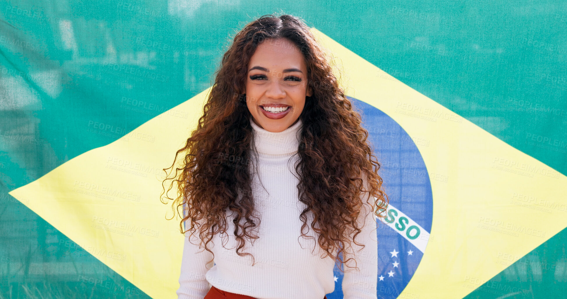 Buy stock photo Portrait, smile and woman with Brazilian flag for national pride, support and heritage. Face, happy and girl with Brazil banner on background for patriotism, sports fan and culture of independence