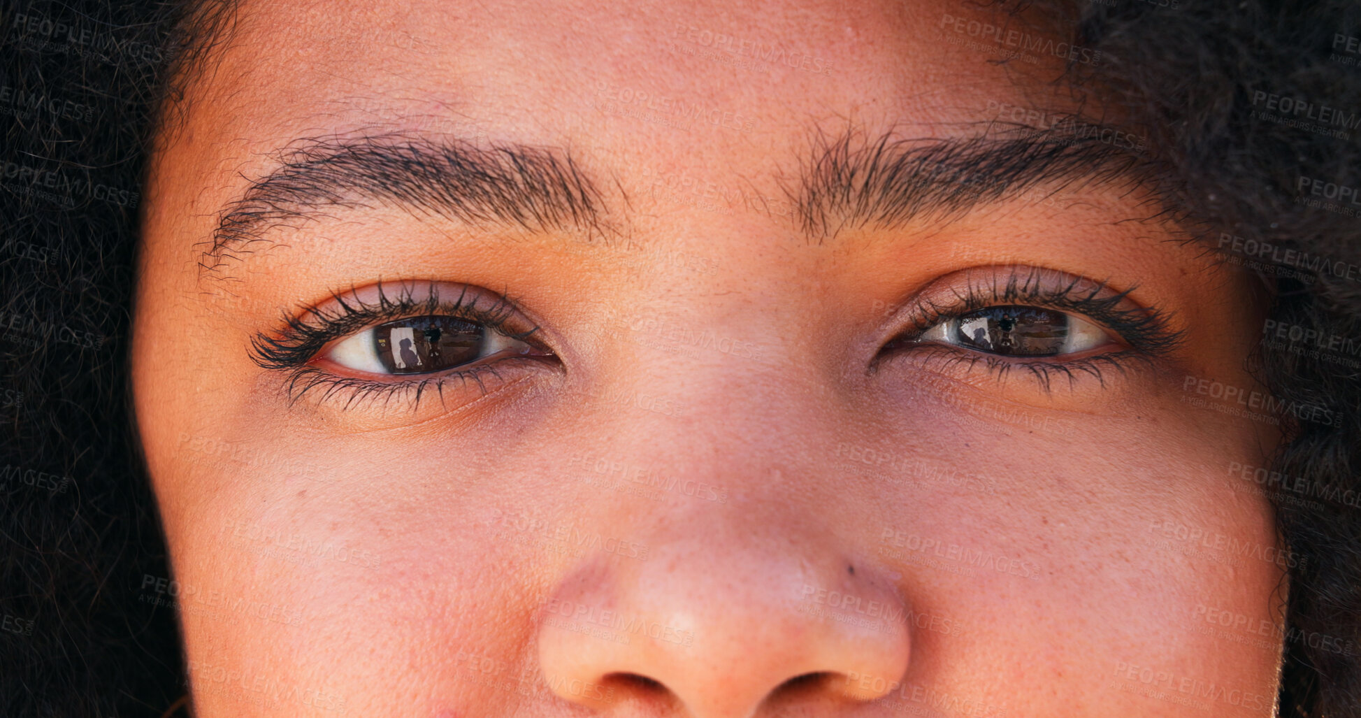 Buy stock photo Beauty, eyelashes and person with mascara, portrait and makeup for extension, eyecare and cosmetics. Optical, vision and length for eyes, sight and eyebrow lamination for woman, wellness or aesthetic