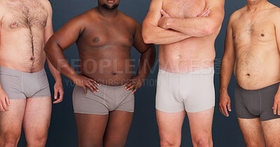 Buy stock photo Studio, body positivity and group of men in underwear with confidence, inclusion and unique identity. Diversity, solidarity and male friends with pride, arms crossed and support on grey background