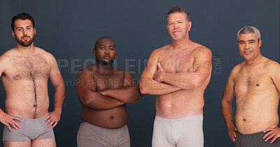Buy stock photo Diversity, body positivity and portrait of men in underwear with confidence, inclusion and unique identity in studio. Support, solidarity and male friends with pride, arms crossed and grey background