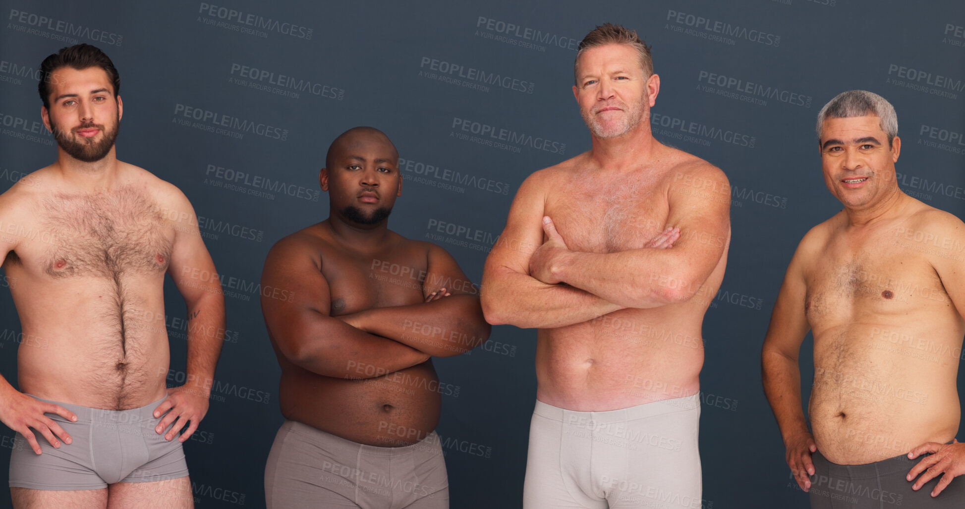Buy stock photo Diversity, body positivity and portrait of men in underwear with confidence, inclusion and unique identity in studio. Support, solidarity and male friends with pride, arms crossed and grey background