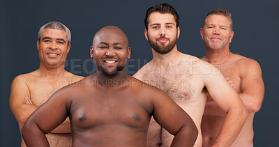 Buy stock photo Portrait, body positivity and group of topless happy men for confidence, inclusion or unique identity in studio. Diversity, solidarity and male friends with pride, smile or support on grey background