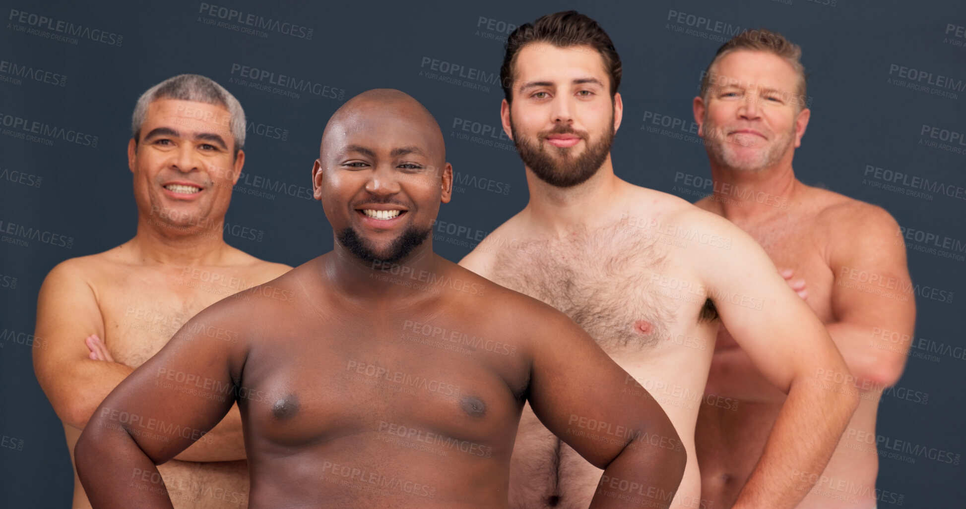 Buy stock photo Portrait, body positivity and group of topless happy men for confidence, inclusion or unique identity in studio. Diversity, solidarity and male friends with pride, smile or support on grey background