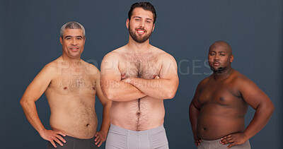 Buy stock photo Friends, body positivity and portrait of men in underwear with confidence, inclusion and unique identity in studio. Diversity, solidarity and male people with pride, arms crossed and grey background