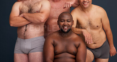 Buy stock photo Portrait, body positivity and men in underwear with confidence, inclusion and unique identity in studio. Diversity, solidarity and group of male friends with pride, happiness and grey background