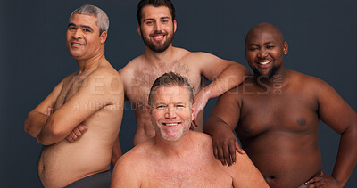 Buy stock photo Portrait, body positivity and male friends in underwear with confidence, inclusion and unique identity in studio. Diversity, solidarity and group of men with pride, happiness and grey background