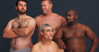 Buy stock photo Diversity, body positivity and group of men in underwear with confidence, inclusion and unique identity in studio. Support, solidarity and male friends with pride, inspiration and grey background