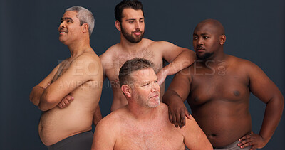 Buy stock photo Friends, body positivity and men in studio with underwear, confidence and unique identity in group. Diversity, solidarity and male people with pride, arms crossed and support on grey background