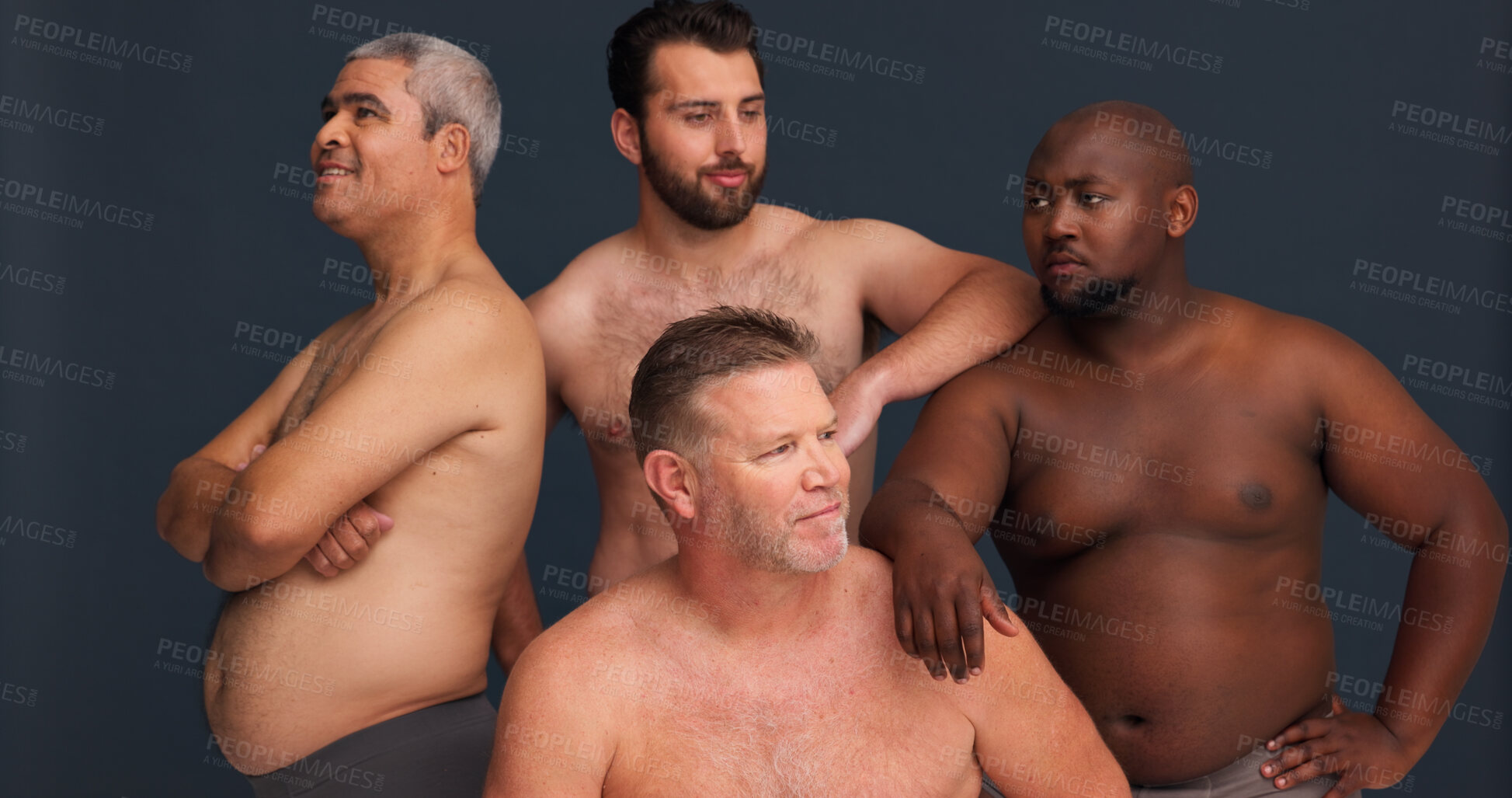 Buy stock photo Friends, body positivity and men in studio with underwear, confidence and unique identity in group. Diversity, solidarity and male people with pride, arms crossed and support on grey background