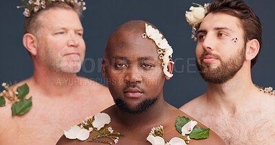 Buy stock photo Beauty, skincare and portrait of men with flowers in studio for cosmetics, wellness and background. Diversity, lgbtq and queer people with plants for natural skin, self confidence and aesthetic