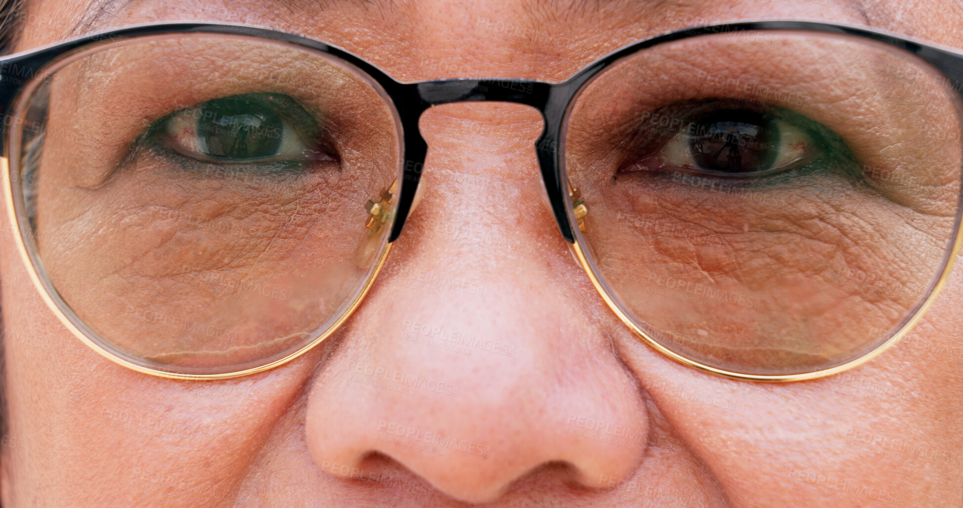 Buy stock photo Optometry, glasses and eyes of mature woman for vision, health and wellness with prescription. Spectacles, portrait and female person with lens and frame for optical care or eyesight improvement.