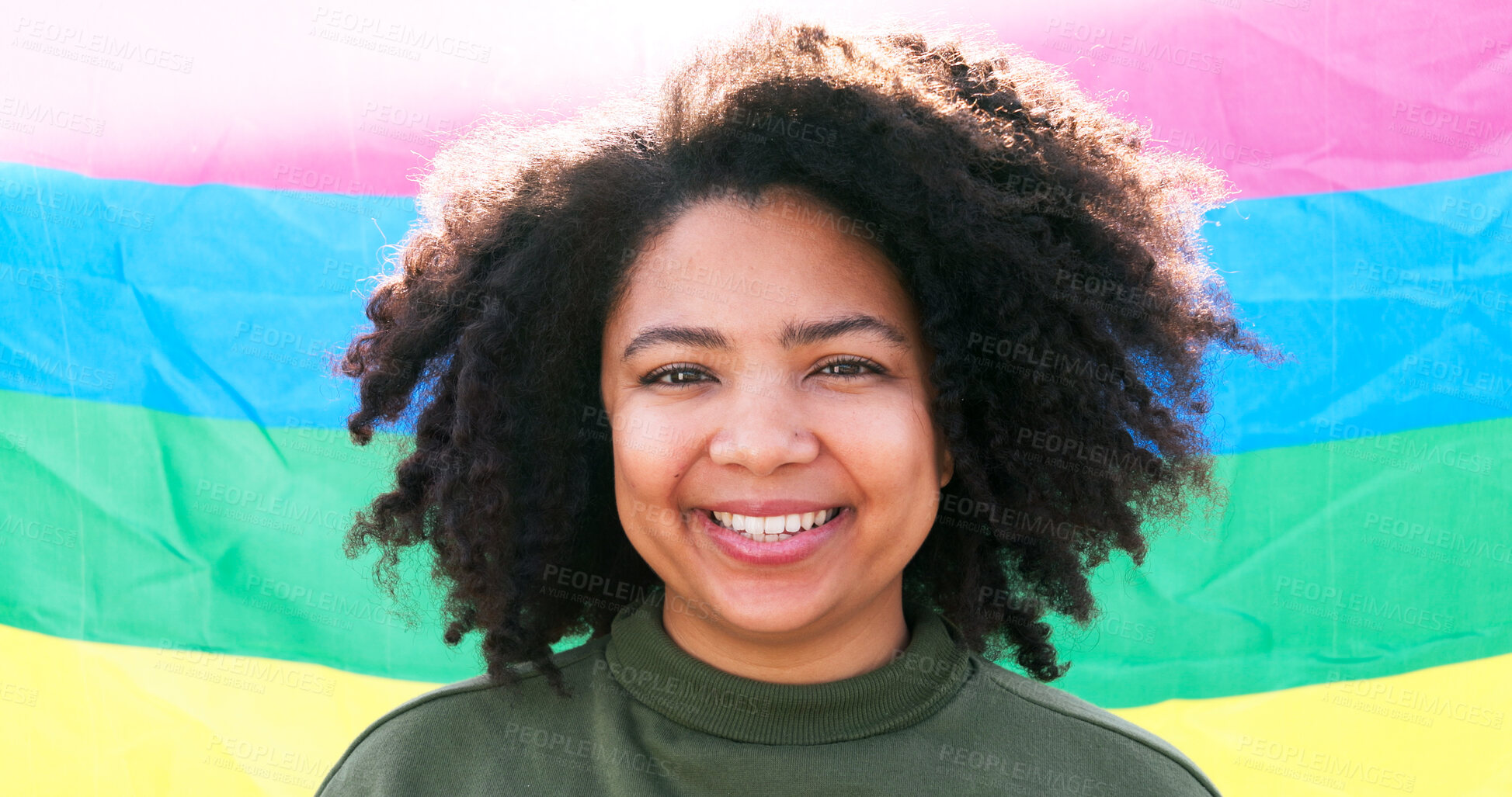 Buy stock photo Woman, portrait and smile at rainbow flag for pride, human rights and LGBT awareness in Brazil. Girl, happy and face at colorful background for voice, freedom equality and symbol for queer community