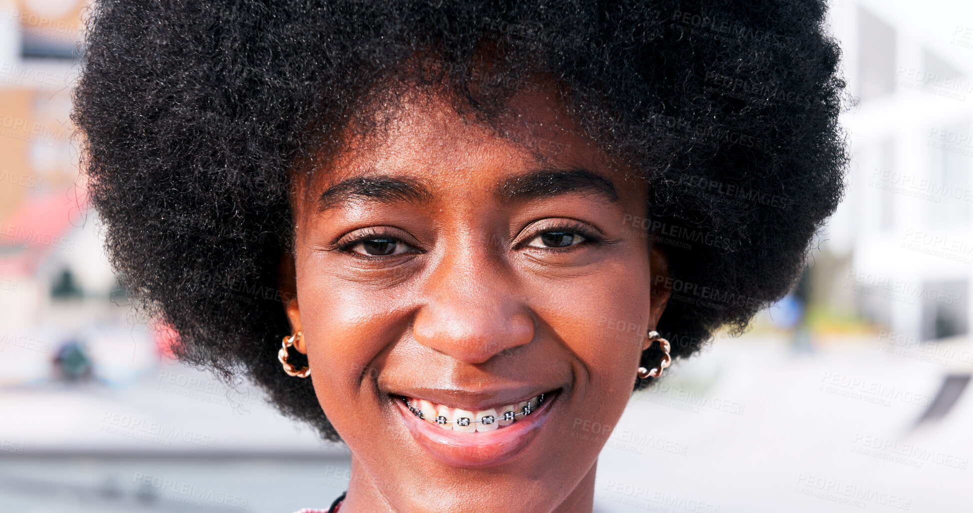 Buy stock photo Outdoor, black woman and happy on portrait with braces for dental hygiene and oral care in Kenya. Female person, gen z and smile or proud in confidence for results with jaw and teeth alignment