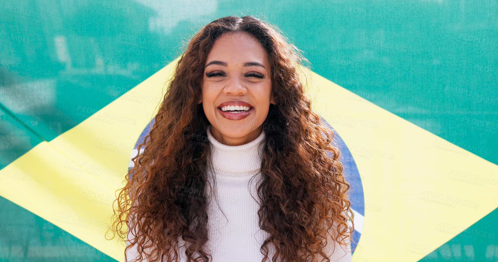 Buy stock photo Portrait, smile and woman with Brazil flag for national pride, support and indigenous. Face, happy and girl with Brazilian banner on background for patriotism, sports fan and culture of independence