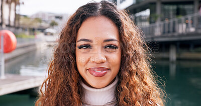 Buy stock photo Smile, pride and portrait of woman in city in Brazil for happiness, carefree and confidence. Travel, adventure and urban outdoors with face of female person for weekend, break and positive attitude