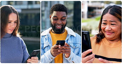 Buy stock photo Collage, phone and connection with people in city for communication, social media post and networking app. Technology, diversity and digital world with group and mobile for text message and contact