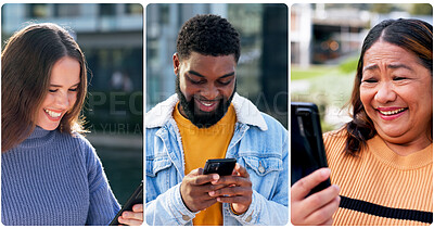 Buy stock photo Collage, phone and diversity with people in city for communication, social media post and networking app. Technology, connection and digital world with group and mobile for text message and contact