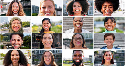 Buy stock photo City, people and proud in collage on portrait with confidence for diversity, community and inclusive. Composite, men and women and happy or satisfied with children for global or international unity