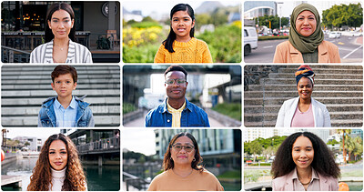 Buy stock photo City, people and smile in collage on portrait with confidence for diversity, community and inclusive. Composite, men and women and happy or satisfied with children for global or international unity