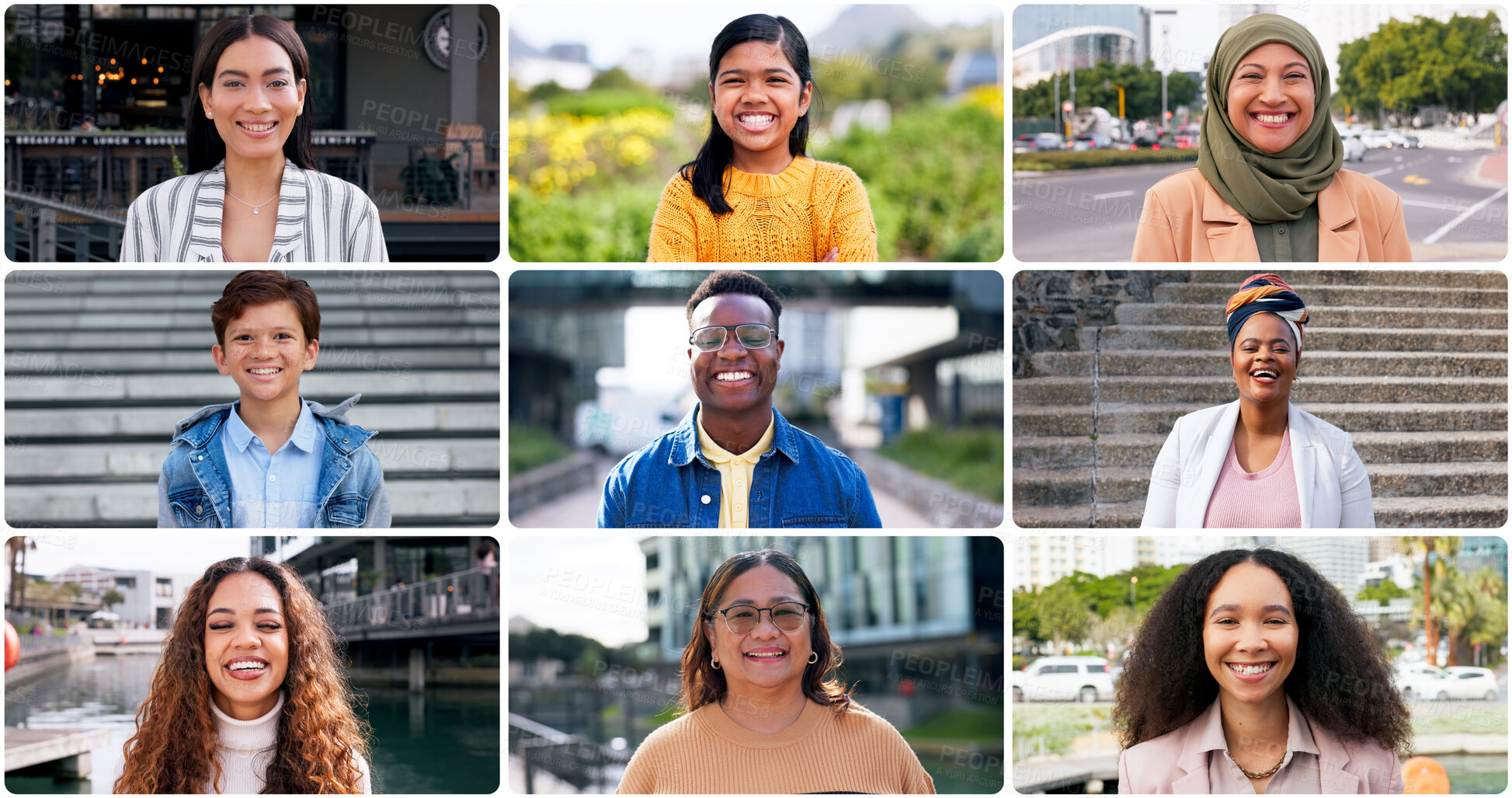 Buy stock photo City, people and happy in collage on portrait with confidence for diversity, community and inclusive. Composite, men and women and smile or satisfied with pride for global or international unity