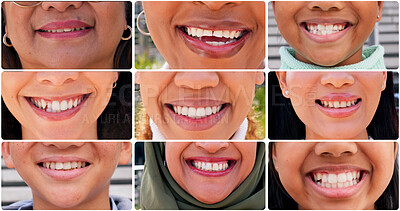 Buy stock photo Pride, diversity and smile with collage of people in city for happy, dental and teeth cleaning. Mouth, wellness and oral hygiene with closeup of lips with facial expression for confidence and health
