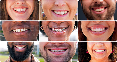 Buy stock photo Dental, diversity and smile with collage of people in city for happy, pride and teeth cleaning. Mouth, wellness and oral hygiene with closeup of lips with facial expression for confidence and braces