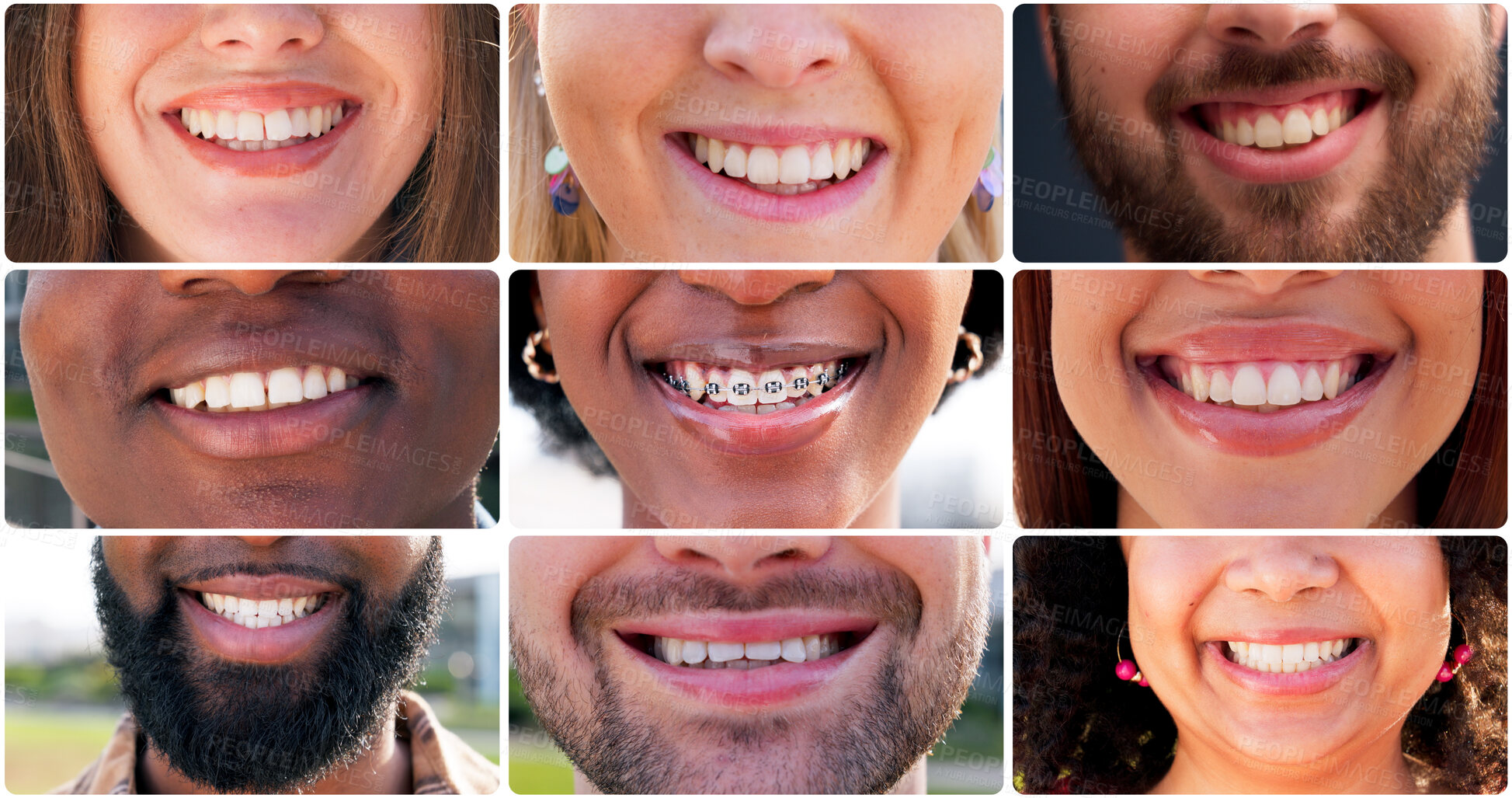 Buy stock photo Dental, diversity and smile with collage of people in city for happy, pride and teeth cleaning. Mouth, wellness and oral hygiene with closeup of lips with facial expression for confidence and braces