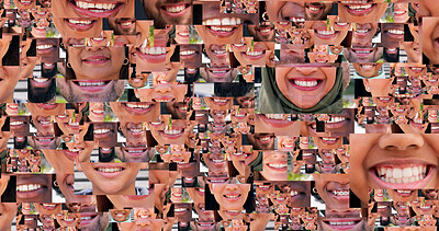 Buy stock photo Smile, dental and collage of people in city for happiness, diversity and teeth cleaning. Pride, wellness and oral hygiene with closeup of mouth with facial expression for confidence, gum care or lips