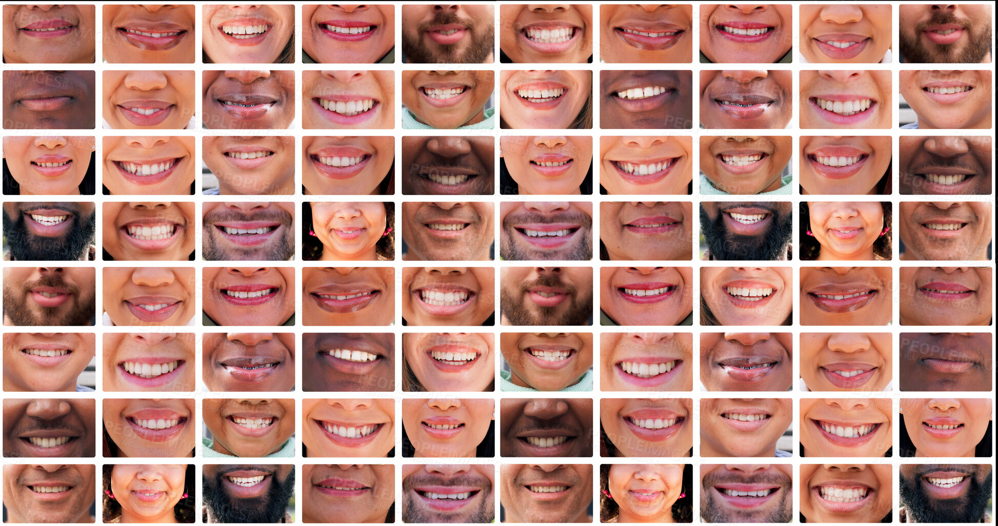 Buy stock photo People, mouth and smile in collage with oral care for dental hygiene, confidence and pride. Closeup, composite and happy or satisfied for teeth whitening with diversity, inclusivity and community