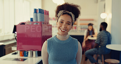 Buy stock photo Smile, confident and portrait of woman in coffee shop with positive attitude for restaurant on holiday. Happy, face and closeup of female person from Colombia in cafe with pride for travel vacation.
