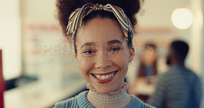 Buy stock photo Happy, confident and portrait of woman in cafe with positive attitude for restaurant on holiday. Smile, face and closeup of female person from Colombia in coffee shop with pride for travel vacation.