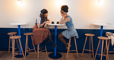 Buy stock photo Chat, relax and bonding with friends in coffee shop for conversation, reunion and communication. Happiness, restaurant and food break with people in cafe for social, talking and diner together