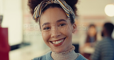 Buy stock photo Happy, confident and portrait of woman in coffee shop with positive attitude for restaurant on holiday. Smile, face and closeup of female person from Colombia in cafe with pride for travel vacation.