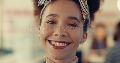 Buy stock photo Happy, confident and portrait of woman in restaurant with positive attitude for coffee shop on holiday. Smile, face and closeup of female person from Colombia in cafe with pride for travel vacation.