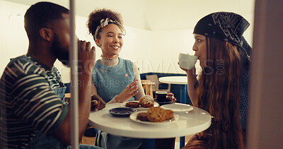 Buy stock photo Drinking, relax and bonding with friends in coffee shop for conversation, reunion and communication. Happiness, restaurant and food break with people in cafe for social, talking and diner together