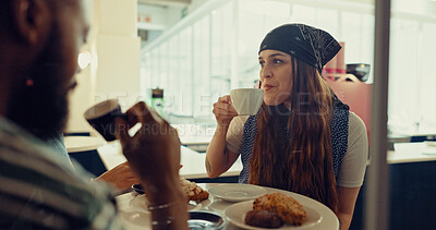 Buy stock photo Drinking, relax and chat with friends in coffee shop for conversation, reunion and communication. Happiness, restaurant and food break with people in cafe for social, talking and diner together